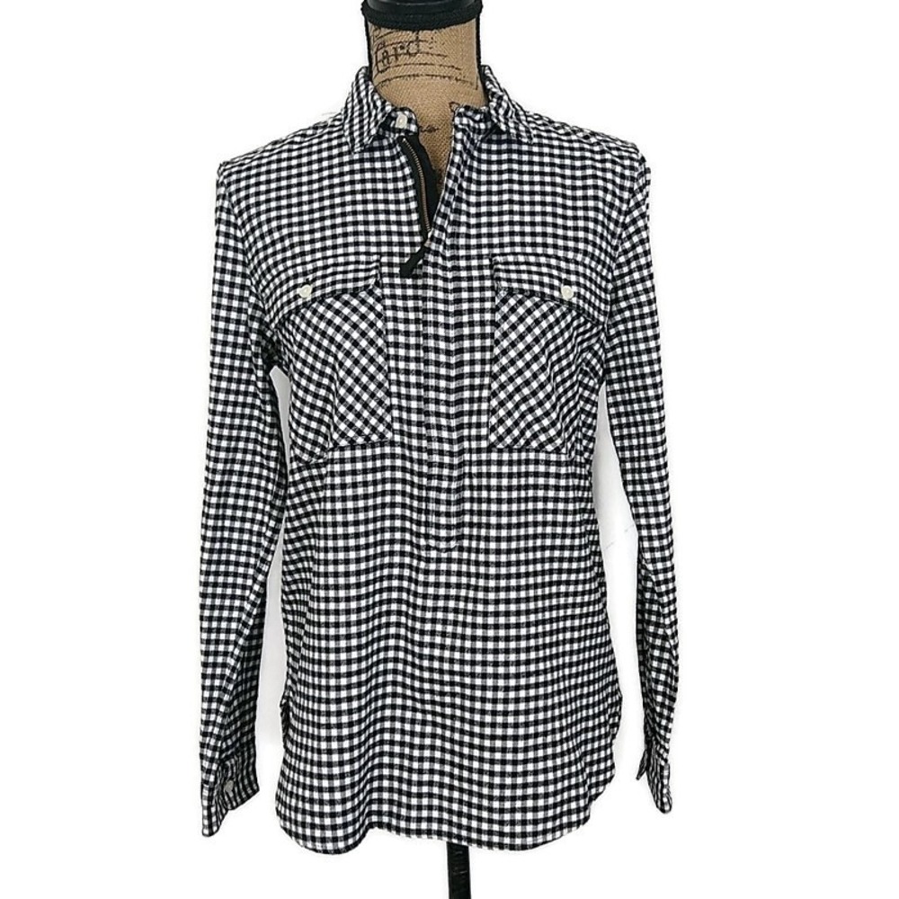 J.Crew Mercantile Popover Top Women XS Black White Gingham Zip Plaid Shirt